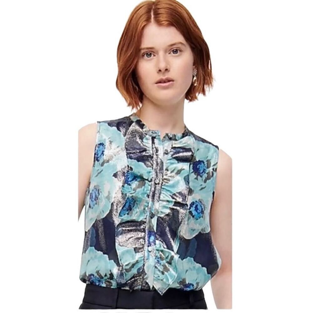 J. Crew Ruffle-front top in floral-print jacquard sz Sm